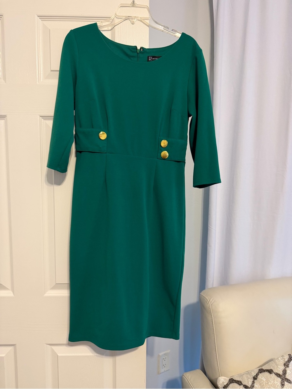 New York & Company Teal Sheath Dress with Gold Buttons